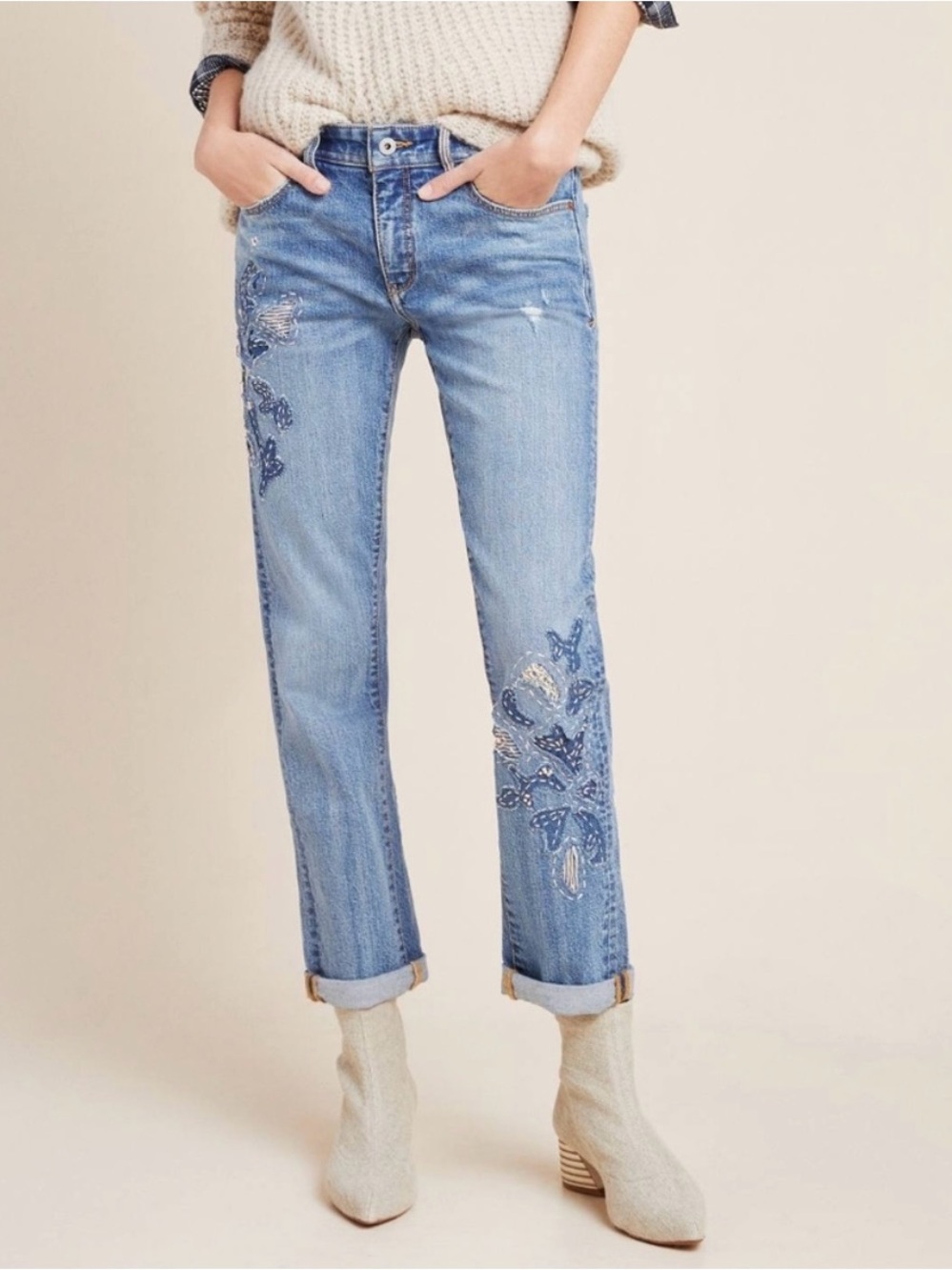 Anthropologie Embroidered slim boyfriend Straight-Leg Women's Jeans size 30